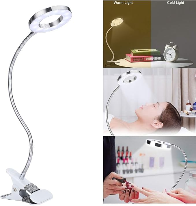 Desk Lamp with Clamp, Mini LED Lamp USB Rechargeable Warm/White Light Changeable Eye Protection Bed Light for Night Reading, Tattoo, Eyelash Extension, Make Up Lamp