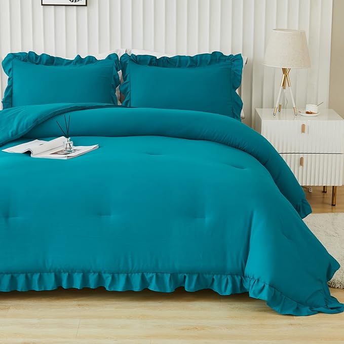 Andency Turquoise Queen Comforter Set(90x90Inch), 3 Pieces(1 Ruffle Comforter and 2 Pillowcases) Solid All Season Comforter Sets for Queen Bed, Lightweight and Fluffy Soft Microfiber Bedding Set