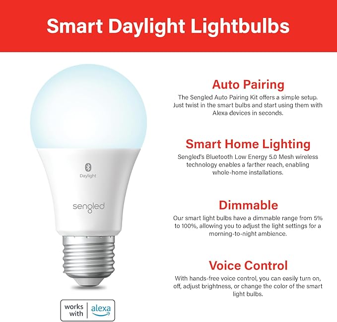 Sengled Alexa Light Bulb, S1 Auto Pairing with Alexa Devices, Smart Light Bulbs that Work with Alexa, Bluetooth Mesh Smart Home Lighting, Daylight 5000K, E26 60W Equivalent, 800LM, 6-Pack