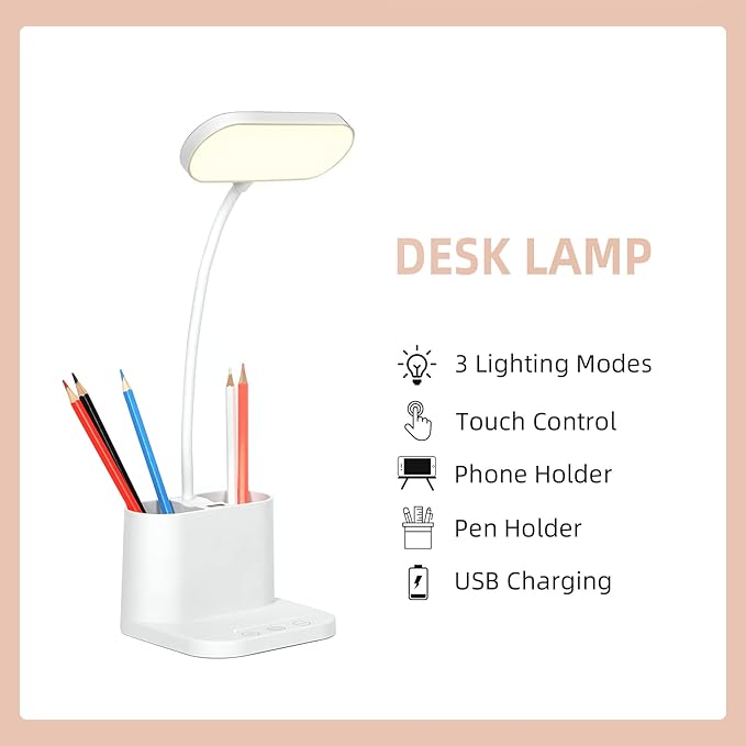 Study Lamp, Rechargeable LED Desk Lamp with Pen Holder, 8 Brightness Desk Lamp with USB Charging Port, Dimmable Reading Light Table Lamp for Kids