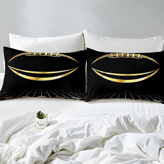 Football Bedding Set Full Kids Rugby Sports Comforter Set American Football Comforter Set for Boys Golden Black Room Decor Lightweight Quilt Set with 2 Pillow Case