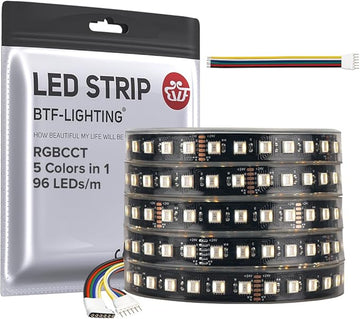 BTF-LIGHTING RGBCCT 5 Colors in 1 LED Tape Lights 5050SMD RGBWW RGB+Dimmable Color Temperature 2700K-6500K 16.4ft 96LED/m 480LED IP67 DC24V Black PCB for Home Decoration(No Adapter or Controller)