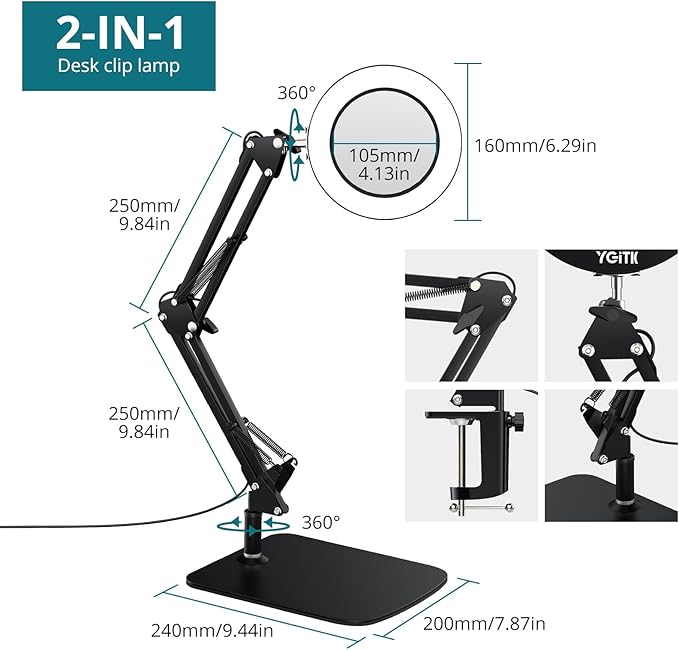 8X Magnifying Glass with Light and Stand, 2-in-1 Lighted Magnifier with Clamp,3 Color Modes Dimmable 10 Brightness Levels LED Desk Magnifying Lamp Hands Free for Crafts Hobby Reading Close Work