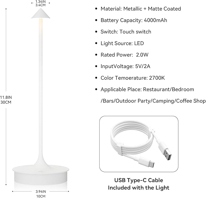 Set of 2 Cordless Table Lamp Rechargeable, Battery Operated Desk Lamp, 4000mAh LED Touch Lamp, Dimmable Portable Outdoor Waterproof Wireless Table Light for Restaurants/Bars/Outdoor(White)