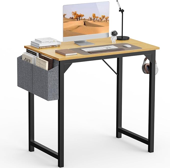 SMUG Computer Desk Small 32” Gaming Table Writing Work Student Study PC Workstation Simple Style Wooden with Side Bag Iron Hook Sturdy Metal Frame for Bedroom, Home, Office, Natural