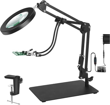 Magnifying Glass with Light and Stand, 3-in-1 Gooseneck Arms 3 Color Modes Stepless Dimmable, 10x&5X LED Desktop Magnifier with light Hands Free for Workbench Reading Crafts Painting Hobby Close Work