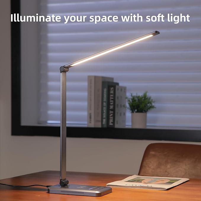 LED Desk Lamp with Wireless Charger, Dimmable Table Lamp Reading Lamp with USB Charging Port, 5 Lighting Modes, Auto-Off Timer, Study Lamp, Eye-Caring Office Lamp with Night Light