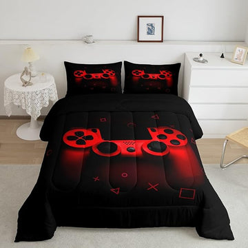 Boys Gamer Comforter Set Queen Size,Gamepad Bedding Set Kids Young Man Video Games Down Comforter for Teen Child Game Room Decor Black Red Classic Retro Gaming Quilted Duvet Set with Pillowcase