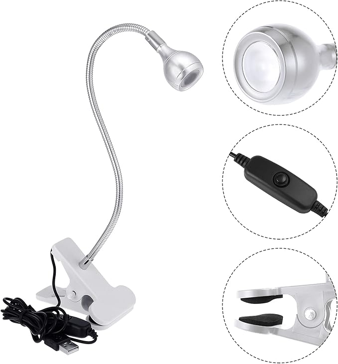 Big Chip 395nm UV LED Light Fixtures with Gooseneck and Clamp Mini Desk Light Clamp Portable Gooseneck for Outdoor Stall Gel Nail Curing, 5V USB Input(Silver,1 Piece)