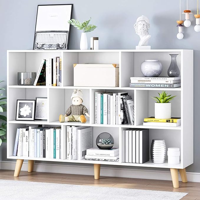 IOTXY Wooden Open Shelf Bookcase - 3-Tier Floor Standing Display Cabinet Rack with Legs, 10 Cubes Bookshelf, Warm White