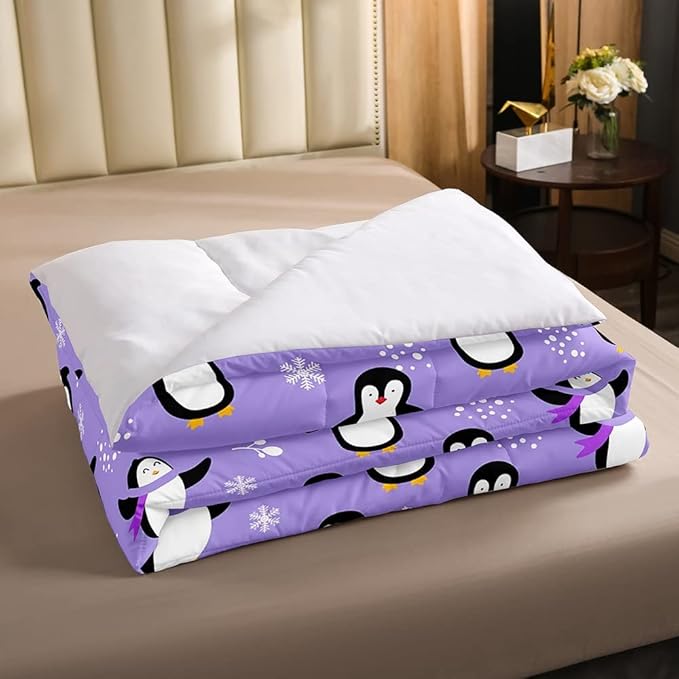 Penguin Comforter Set Full Size Kawaii Penguin Down Comforter Antarctic Animal Bedding Set for Kids Boys Girls Teens Cartoon Cute Winter Quilt Set Snowflake Pattern Duvet Set Room Decor, Purple