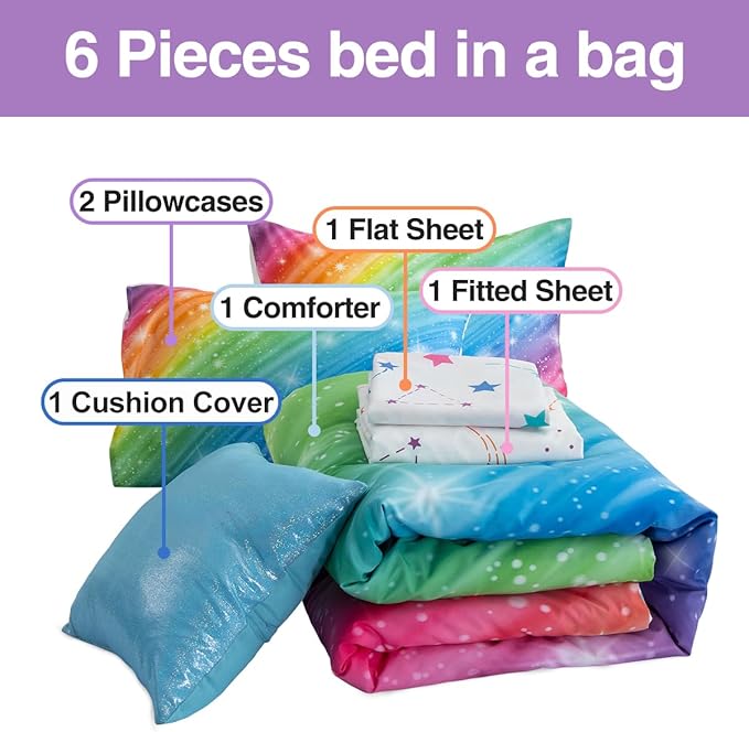 Btargot Super Soft 6 Pieces Gradient Star Ring Comforter Set, Colorful Glitter Rainbow Star Pattern Bedding Set for Boys Girls Teens,Full Multicolor