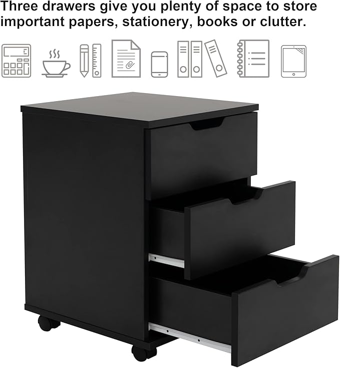 Farini 3-Drawer Vertical Filing Cabinet Rolling Wood Mobile File Cabinets Under Desk for Home Office with Casters (Black, Fully Assembled)