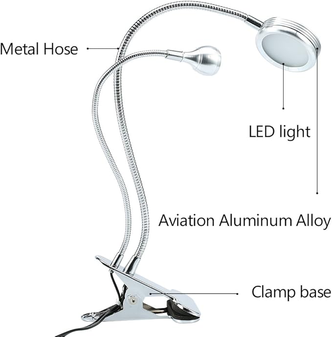 FILFEEL 2in1 LED with Clip, Illuminated Lights for Nail Desk Manicure Makeup Bed Reading Use Flexible Metal Hose with USB Interface