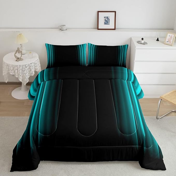 Geometric Abstract Ombre Comforter Set Kids Teens Teal and Black Striped Bedding Bed Set Decor Modern Fashion Comforter Inner Fill Bedroom Collection 3Pcs Queen Size