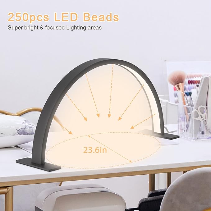 Half Moon Desk Lamp for Nail Techs, Adjustable Brightness Color Mode Arch LED Table Light with 2520 Lumens for Professional Manicure Salon, Tattoo, Eyelash Extensions, Reading- Black