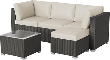 GAOMON 5-Piece Outdoor Patio Rattan Wicker Sofa Set, Pe Rattan Conversation Sectional with Thickened Back Cushion, Glass Tabletop, Ottoman - Ideal for Courtyard Space, Beige