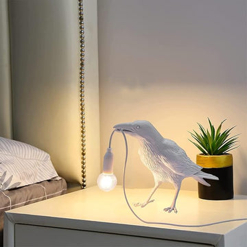 Raven Desk Lamp, Raven Lamp, Bird Lamp, Resin LED Bird Lamp for Bedroom/Office/Living Room/Farmhouse Art Deco with Plug (White)
