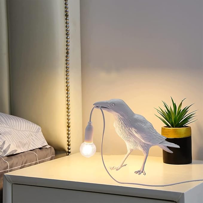 Raven Desk Lamp, Raven Lamp, Bird Lamp, Resin LED Bird Lamp for Bedroom/Office/Living Room/Farmhouse Art Deco with Plug (White)
