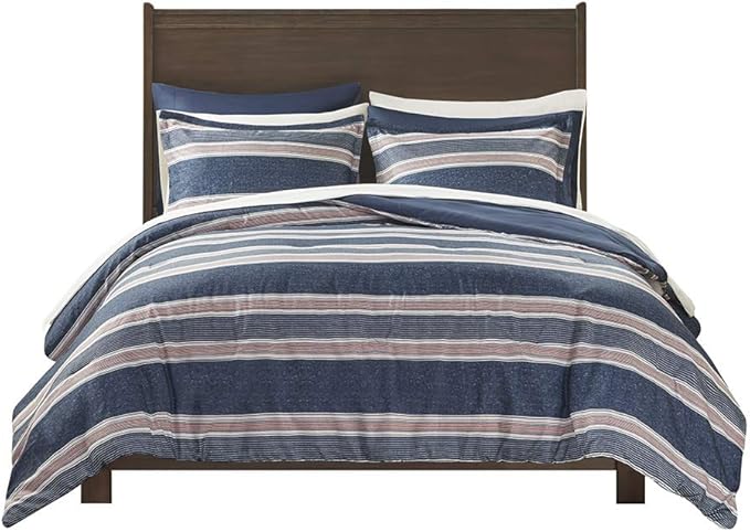 Comfort Spaces Bed in A Bag Comforter Set - College Dorm Room Essentials for Boys Men Bedding, Complete Dormitory Bedroom Pack And Sheet with 2 Side Pockets, Queen, Stripes Navy/Red