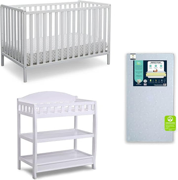 Delta Children Heartland 4-in-1 Convertible Crib Infant Changing Table with Pad + Serta Perfect Start Crib Mattress, Bianca White