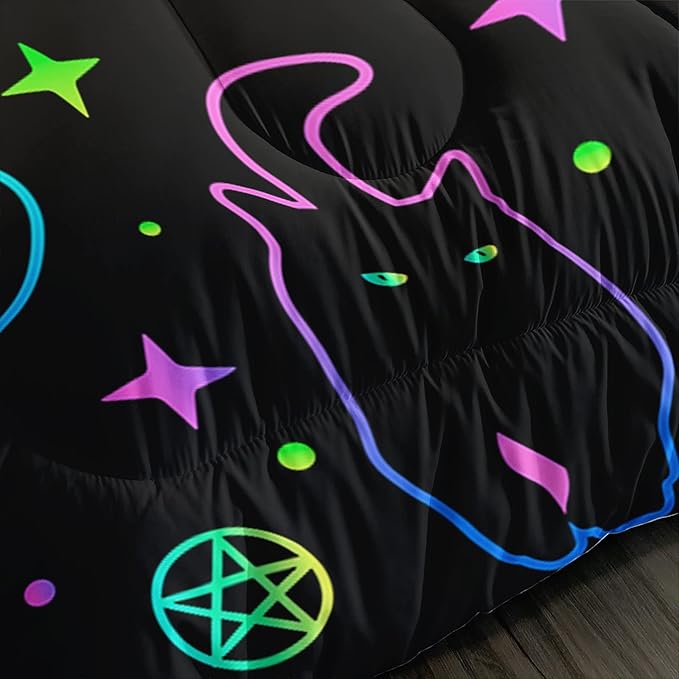 Black Cat Bedding Cartoon Cat Comforter Set Full,Moon Stars Printed Kids Bedding Set for Boys Girls Adults Room Decor,Kids Comforter Set All Season,1 Quilt 2 Pillow Cases,Neon Color Purple Blue Green