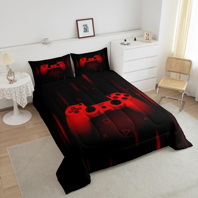 Feelyou Boys Gamer Comforter Set Full Size Gaming Bedding Set Kids Video Games Comforter for Teen Child Gamer Room Decor Super Soft Red Black Bed Set Microfiber Game Geometric Duvet Quilted Gamer Gift