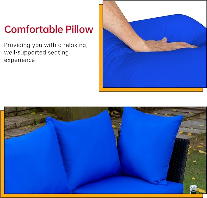 FDW 5 Pieces Patio Furniture Sets Outdoor Sectional Sofa Wicker Chair Rattan Conversation Set for Outdoor Backyard Porch Poolside Balcony Garden Furniture with Coffee Table,Blue Cushion