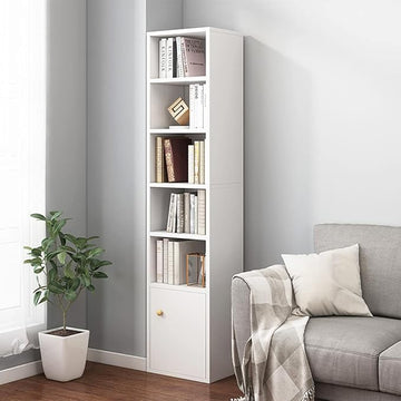 IOTXY Small Narrow Corner Bookcase - 59" Tall Free Standing Gap Storage Cabinet, 6 Lattices Open Shelves Tower Rack with Door, Cubes Bookshelf, White