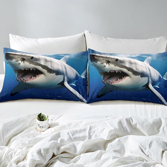 Kids Comforter Set for Boys Girls,3D Shark Fish Down Comforter 2 Piece Hawaiian Beach Theme Bedding Quilted Duvet Set Ocean Sea Animal Pattern Blue Duvet Insert for Toddler Teen Bedroom Decor,Twin