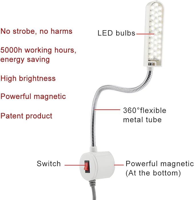Zerodis Sewing Machine Light LED Lighting, LED Lamp Magnetic Base LED Desk Lamp for Workbench Lathe Drill Press Daylight Flexible Arm Work Lamp(us)