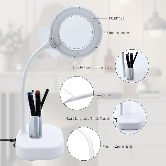5X Magnifying Glass Lamp, 2-in-1 Magnifier Light, 36 Beads Desk Lighted and 10X Magnifiers Lamps Flexible Gooseneck Stand LED Desk Magnifiers Glass with Light Hands Free for Craft Reading