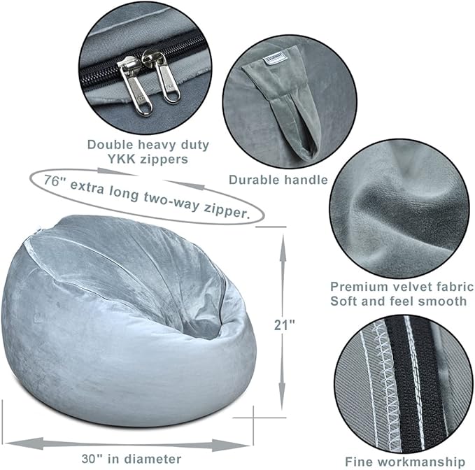Bean Bag Chair Cover, Stuffed Animal Storage, Plush Toys Organizer Holder, Beanbag Chairs Cover for Kids Teans and Adults Super Soft and Comfortable Fabric X-Large with Handle and Zipper -Round Grey