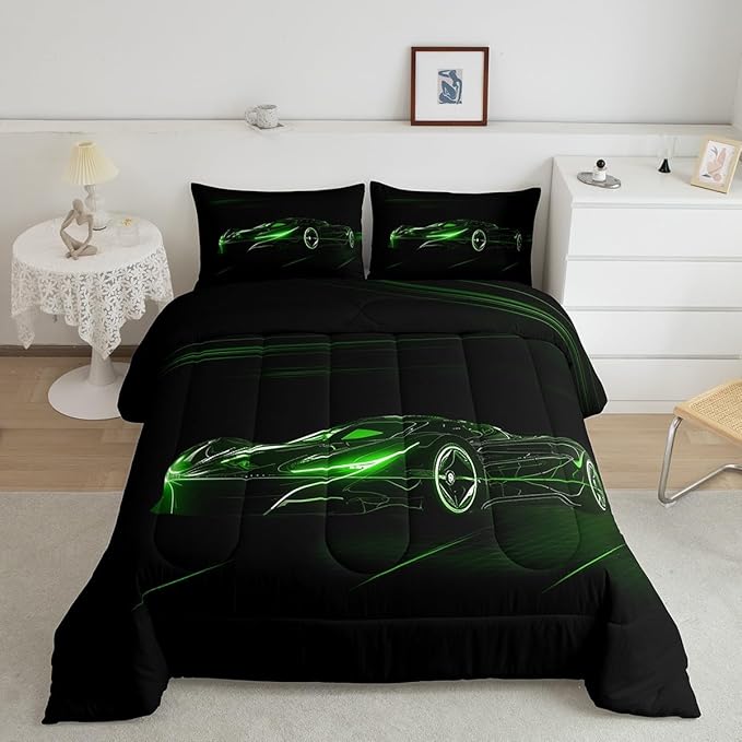 Feelyou Green Race Car Bedding Set Twin Size for Kids Boys Extreme Sport Games Comforter Set Teens Toddler Fast and Furious Duvet Set Cool Modern Quilt Set 2Pcs