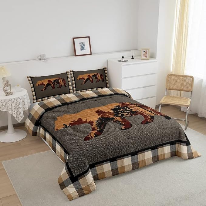 Cute Bear Comforter Set Wild Animal Bedding Set for Teens Nature Wildlife Bear Bedding Set Western Farmhouse Orange Grey Duvet Set Room Decor King Size Duvet Set 3Pcs Boys