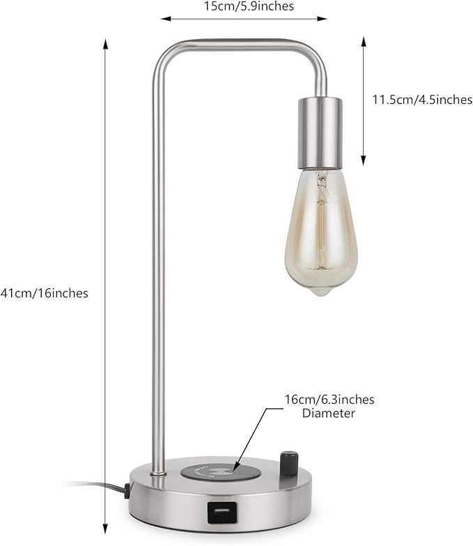 USB Desk Lamp – Table Lamp with Wireless Charging Pad and USB Port, Edison Bedside Nightstand Lamp with Metal Base for Guestroom Bedroom Living Room Office, Satin Nickel