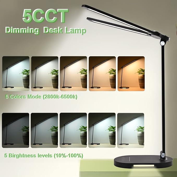 Desk Lights for Home Office - LED Desk Lamp with Night Light, Office Desk Lamp with Memory Function, 5CCT Brightest Workbench Office Lighting, Dimmable Modern Desk Lamp for Monitor Studio Reading