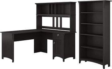 Bush Furniture Salinas 60W L Shaped Desk with Hutch and 5 Shelf Bookcase in Vintage Black