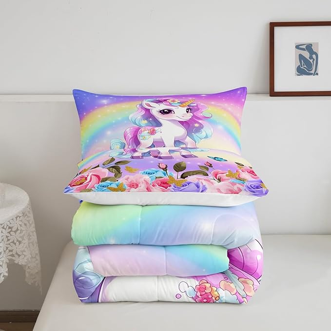 Cute Unicorn Kids Comforter Set Full Size,Rainbow Starry Sky Roses Dreamy Bedding Set,Girls Women Room Decor,Cartoon Animals Flowers Down Comforter,Pink Purple Unique Duvet Insert,2 Pillowcases