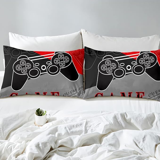 Gaming Bedding Sets for Boys Bedroom Video Gamer Comforter Set Full Size Black Red Game Controller Beddings for Kids Teens 1 Comforter and 2 Pillowcases