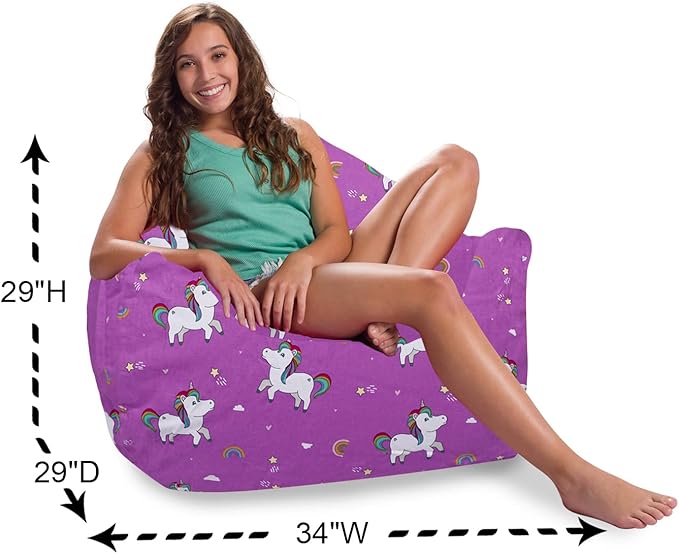 Posh Creations Structured Comfy Bean Bag Chair for Gaming, Reading, and Watching TV, Malibu Lounge, Canvas - Unicorn and Rainbows on Purple