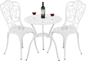 Bistro Set 3 Piece Outdoor Cast Aluminum Patio Bistro Set with Umbrella Hole, All Weather Bistro Table and Chairs Set, Small Patio Furniture Set for Garden, Porch,White