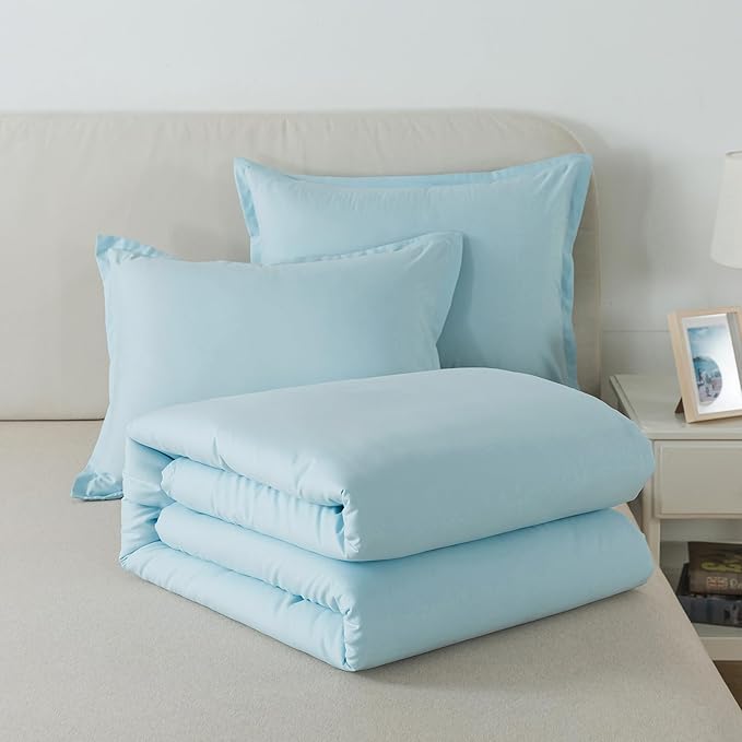 Baby Blue Comforter Set Twin Size, Solid Lightweight Down Alternative Soft Boho Bedding Comforter Set, Breathable Fluffy Microfiber Skin-friendly Comforter (68"x90") for All Seasons