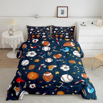 Feelyou Sports Theme Comforter Set 3D Blue Ball Bedding Set Baseball Football Basketball Comforter for Children Kids Boys Girls Microfiber Competitive Games Duvet Set Room Decor Quilt Set Full Size