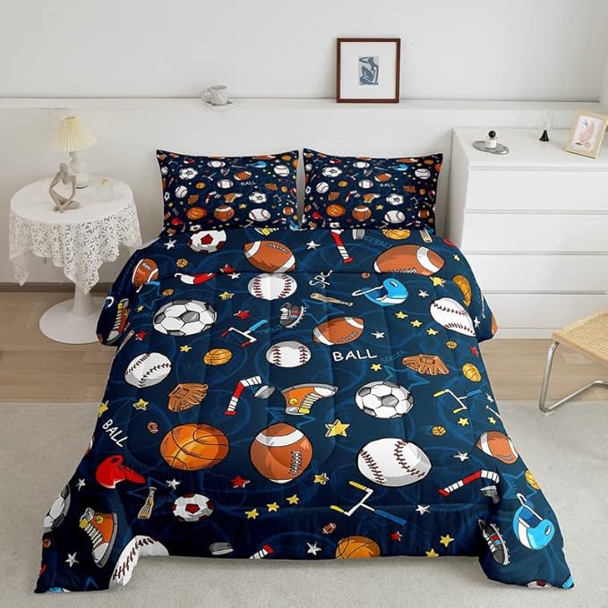 Feelyou Sports Theme Comforter Set 3D Blue Ball Bedding Set Baseball Football Basketball Comforter for Children Kids Boys Girls Microfiber Competitive Games Duvet Set Room Decor Quilt Set Twin Size