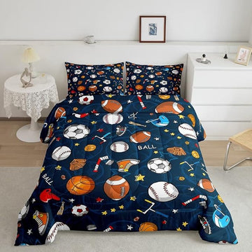 Feelyou Sports Comforter Set Blue Ball Bedding Set Baseball Football Basketball Comforter for Kids Boys Girls Competitive Games Duvet Set Room Decor Quilt King Size Boys