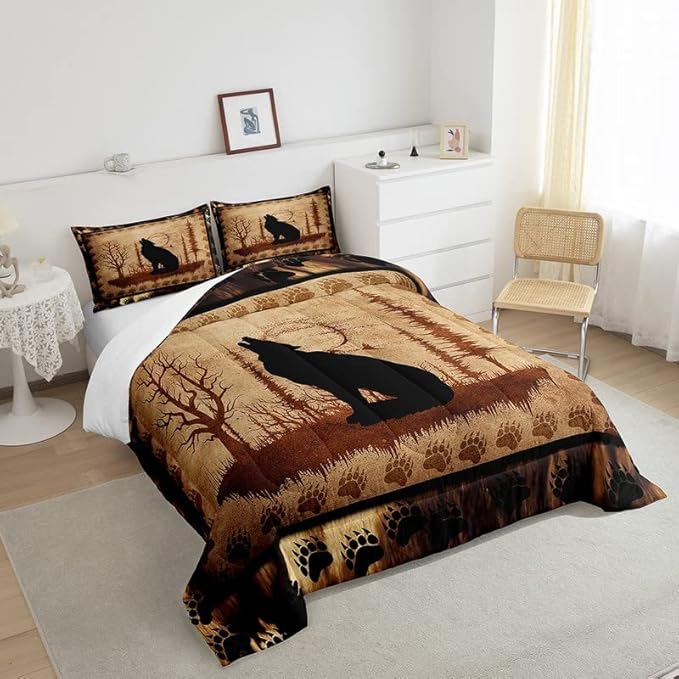 Feelyou Cute Wolf Comforter Set for Girls Boys Kids Wolves Howling Bedding Set Room Decorative Animal Wolves Tree Pattern Bedding Set Exotic Style Brown Black Duvet Set Queen Size 3Pcs Quilt Set