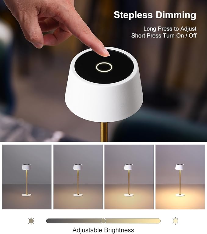 DAWALIGHT Cordless Lamp 4000mAh Rechargeable tbale lamp LED Desk Lamp Stepless Dimming White and Gold Battery Operated Portable Cordless 2700K White Base