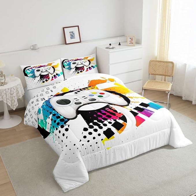 Kids Gaming Comforter Set Twin Gamer Bedding Set, Modern Console Game Controller Duvet Set For Boys Girls Teens, White Gamepad Quilt Set, Tie Dye Colorful Comforter Set Grey White Soft Bedding Set