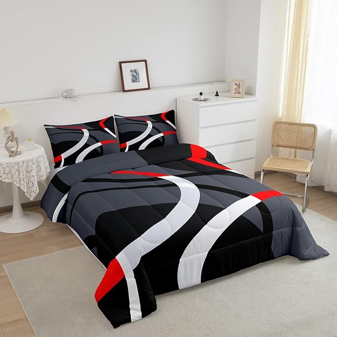 Feelyou Geometric Circle Comforter Set Red Grey and Black Comforter for Kids Boys Girls Teens Geometry Bedding Set Breathable Abstract Art Duvet Set Modern Luxury Room Decor Quilt Set King Size